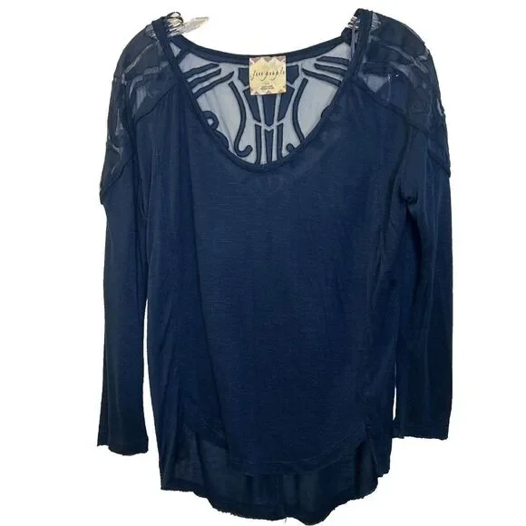 Free People Top blue pullover burnout shirt size Small navy blue semi sheer - Picture 1 of 7